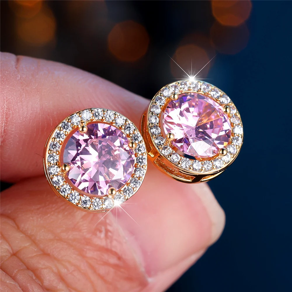 Cute Female Multicolor Pink Black Zircon Round Stone Stud Earrings Gold Color Wedding Jewelry For Women
