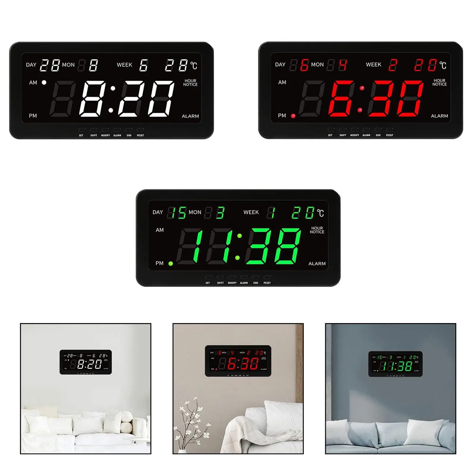 Digital Wall Clock Large Screen LED Display Temperature Date Week Alarm Modern Silent Hanging Clock for Living Room Bedroom