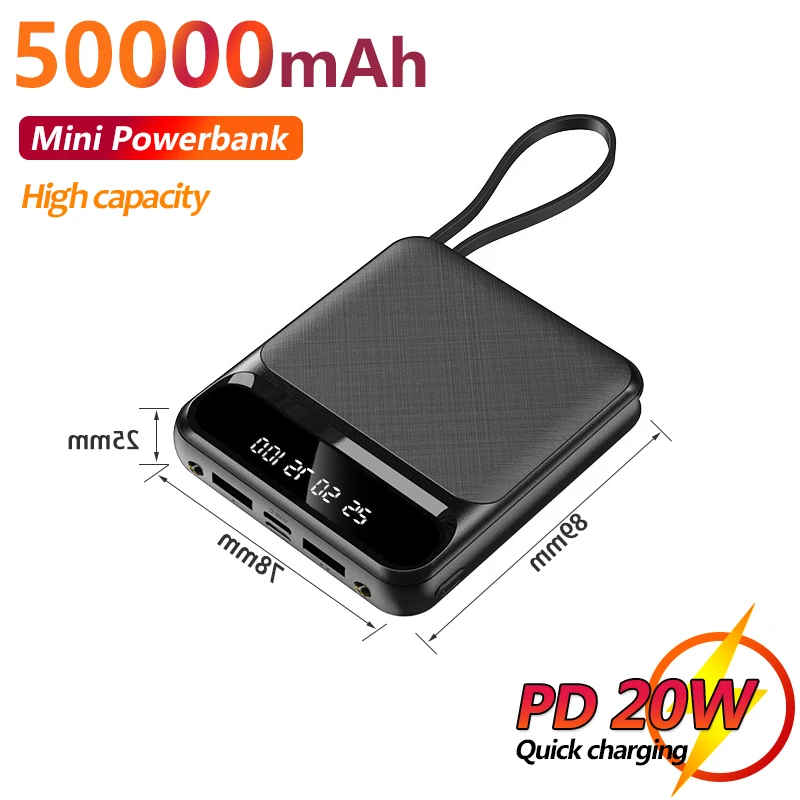 power bank 20000mah 50000mAh Mini Power Bank Quick Charger Built-in Charging Cable Power Bank Portable External Battery for Smartphone power bank