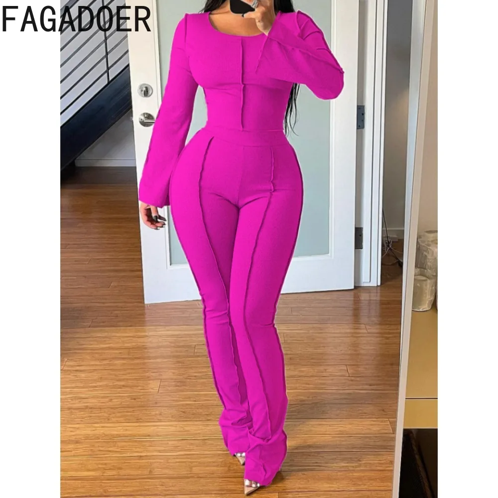 FAGADOER Autumn Winter Solid Ribber Two Piece Sets Women Round Neck Long Sleeve Top + Skinny Pants Outfits Casual Home 2pcs Suit