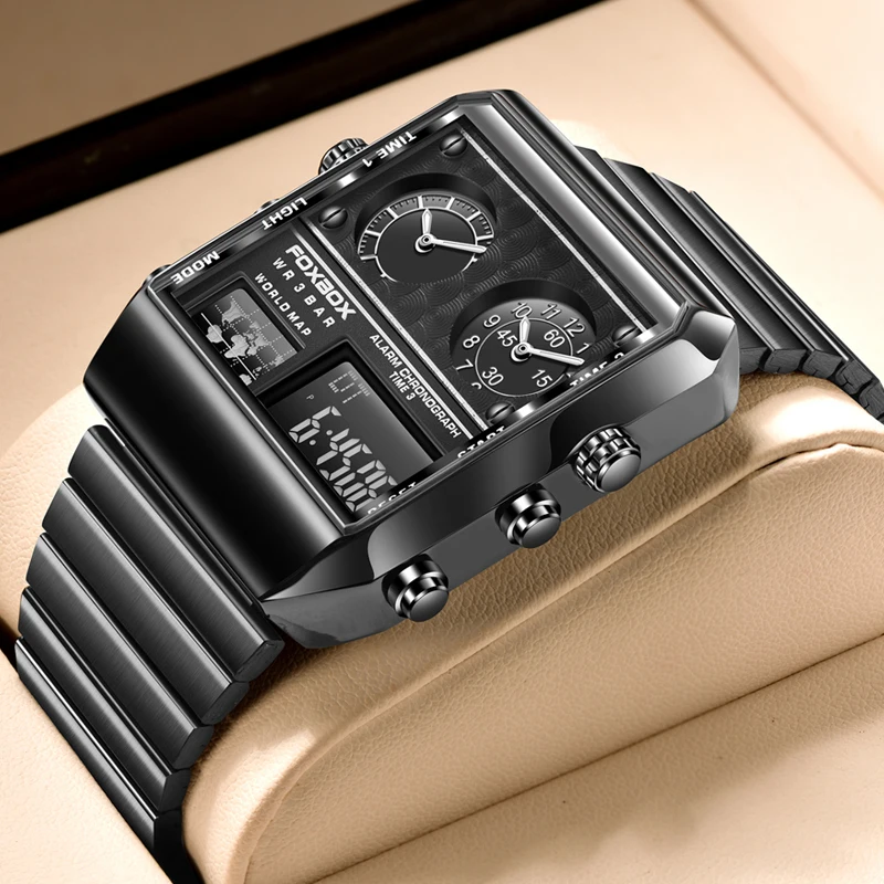 FOXBOX Mens Watches Quartz Watch Men Square Digital Watch Wristwatch Stainless Steel Strap Watches for Men Relogio Masculino+Box
