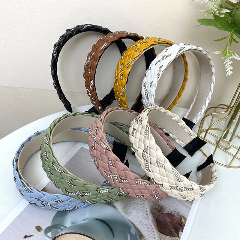 

Rhinestone Braided Hairhoop Headdress Korean Simple Leather Headband Width headwear Hair Ornament Women Hair Accessories