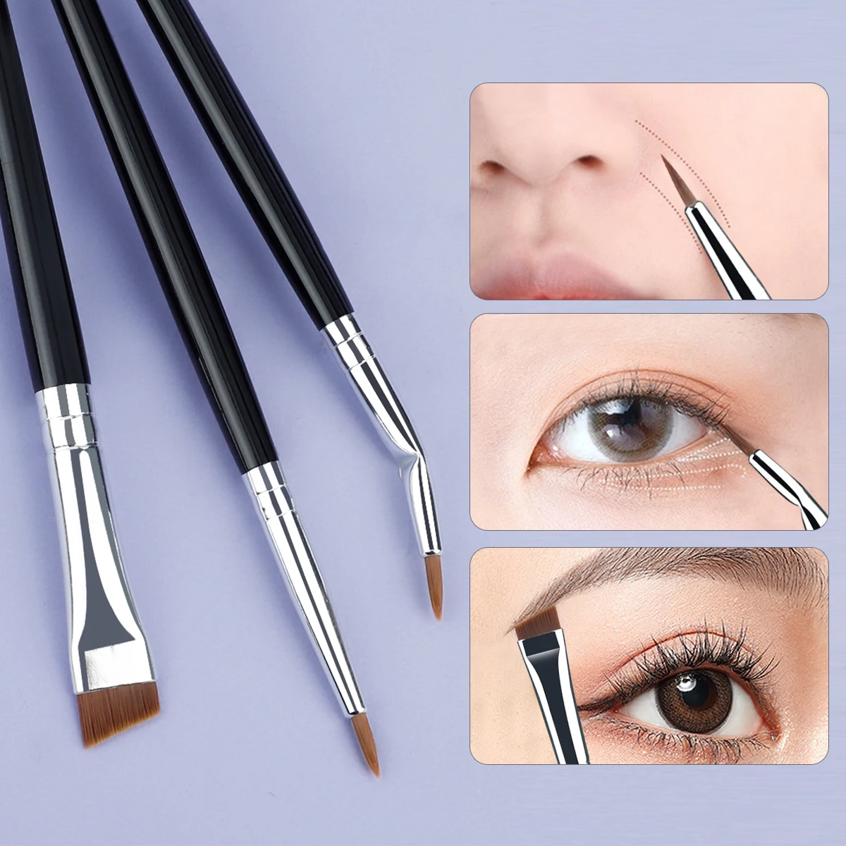 3pcs Eye Makeup Brush Ultra Fine Eyeliner Brush Set, Including Straight, Angled, Bent Tip, Suitable For Makeup 2
