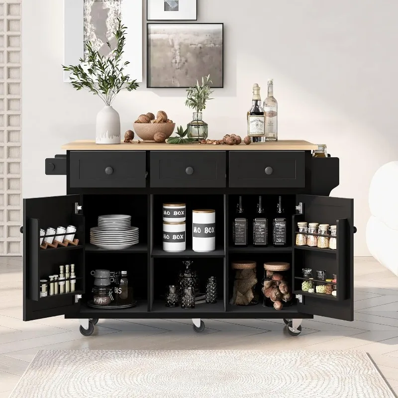 

Kitchen Cart with Rubber Wood Drop-Leaf Countertop,Cabinet Door Internal Storage Racks,Kitchen Island on 5 Wheels