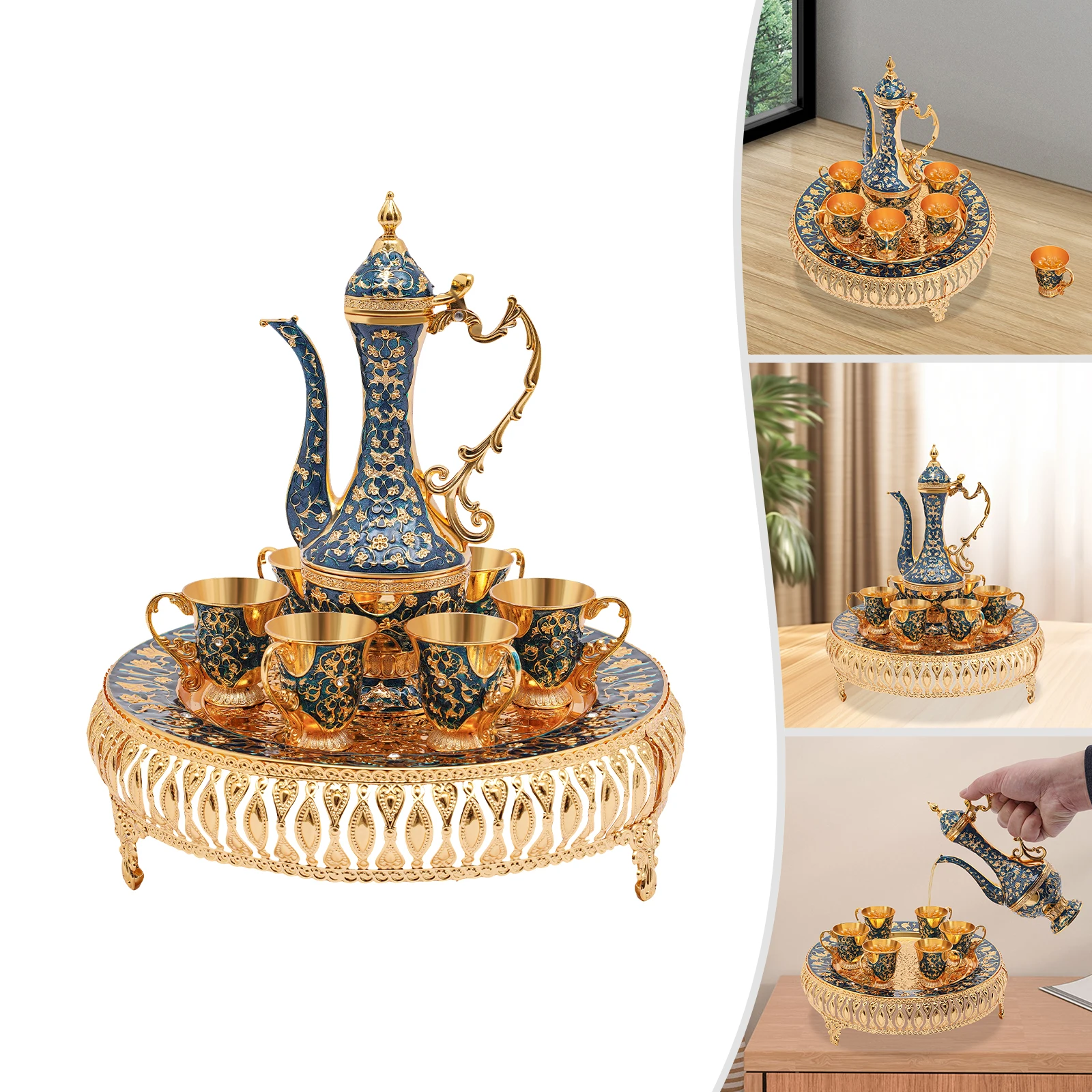 Europäisches Gold Dunkelblaues Zinklegierungs-Teeservice, 280ml Teekanne mit 6 Tassen & Tablett, Elegantes Wohndekor-Geschenk für Nachmittagstee und Kaffee – Detail 3