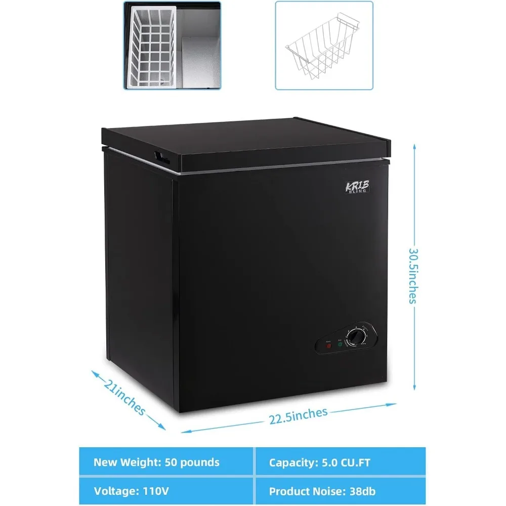 Chest Freezer 5.0 Cu.ft Mini Adjustable 7 Thermostat Compact Deep Freezer Top Door Low Noise with Removable Basket Black