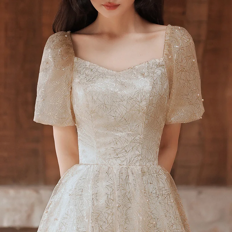 

Evening Dress for Women Ladies French Style Square Collar Beading Puff Short Sleeve A-Line Mid-Length Engagement Dresses