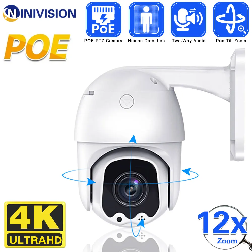 

4K 8MP POE IP PTZ Camera 12X Optical Zoom Dome Outdoor Weatherproof For POE NVR H.265 5MP Security Camera Color Night Vision Cam