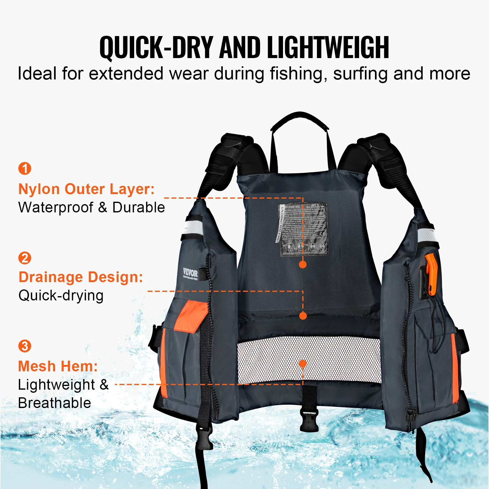 VEVOR Life Vest for Watersports (PFD), Men & Women S/M/L/XL, Waterproof Nylon & 80N/85N/96N/110N Buoyancy for Any Water Activity