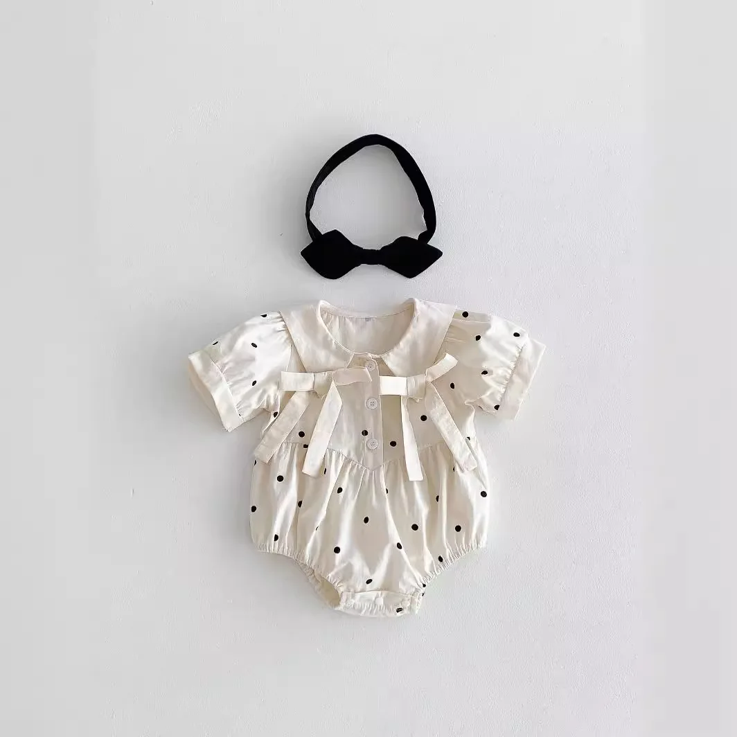 

Summer Newborn Girl Baby Cute Dots Short Sleeve Bodysuit Infant Thin Comfort Casual Lapel Onesie + Hairband 2pcs Children Romper