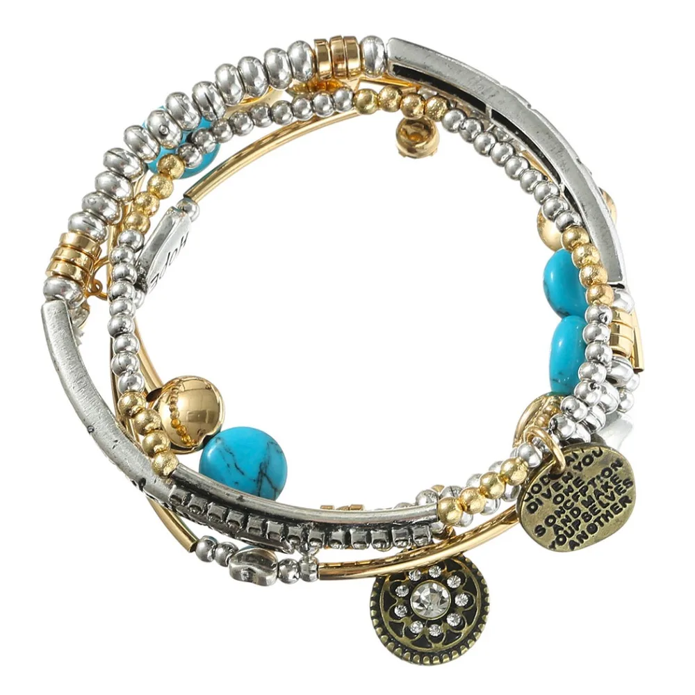 

4PcsSet Europe America Vintage Fashion Multilayer Beads Hope Letter Blue White Stone Bracelet & Bangles Jewelry For Women Gift