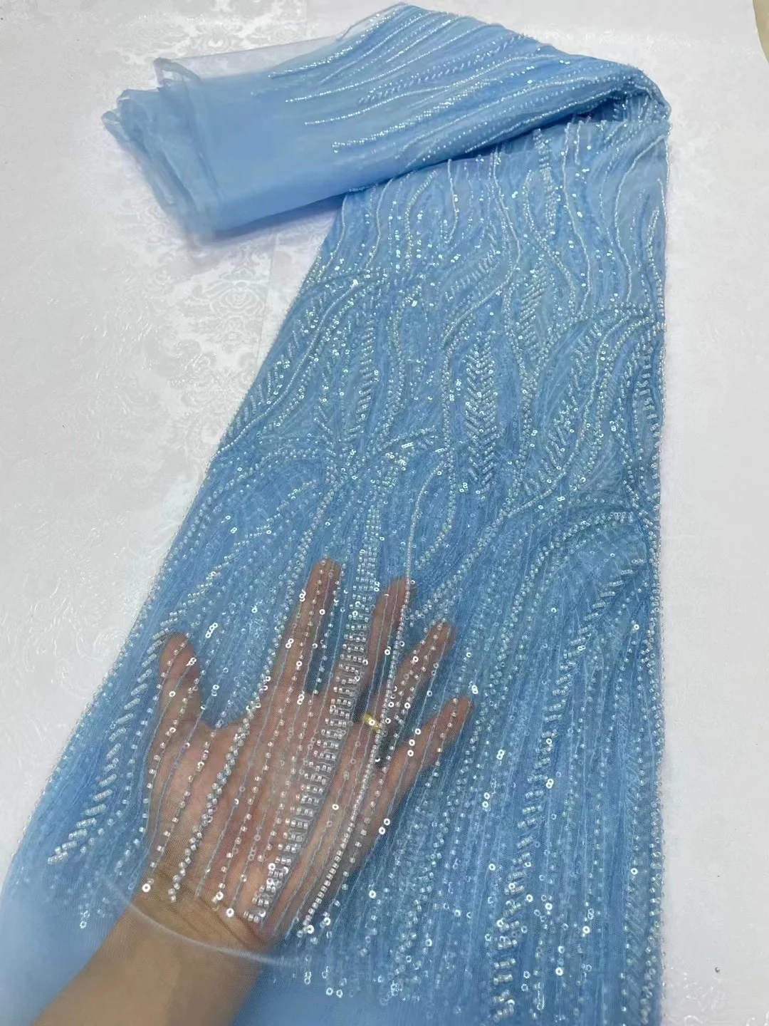 

New Arrival Beaded French Net Lace fabric Sky Blue African Tulle Lace Fabrics With Sequins Embroidery For Party Dress
