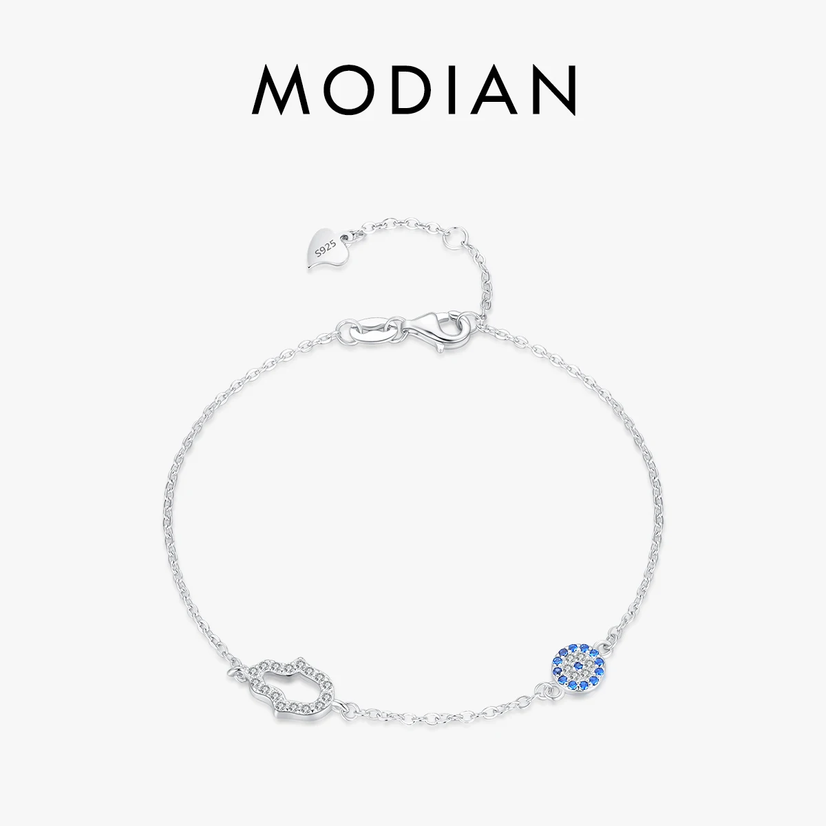 

MODIAN 925 Sterling Silver Shining Clear CZ Hand Blue Eyes Bracelet Adjustable Chain Link For Women Birthday Gift Fine Jewelry