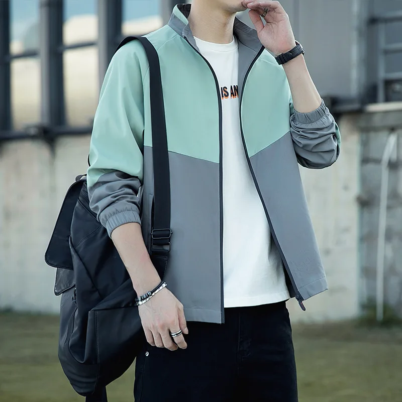 Spring Autumn Men's Long Sleeve Standing Neck Jacket Fashion Color Matching Casual Versatile Top Slim Fitting Sport Coat