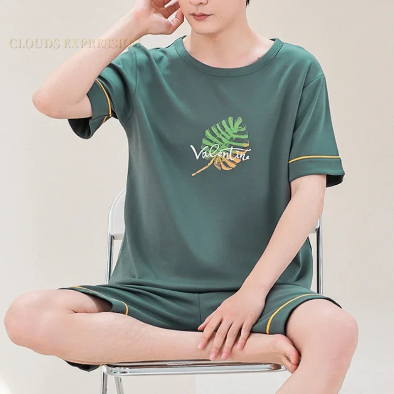 Summer Knitted Cotton Short Sleeved Men's Pajamas Sets Male Pajama Set Polka Dots Pajama Men Sleepwear Suit Homewear Size
