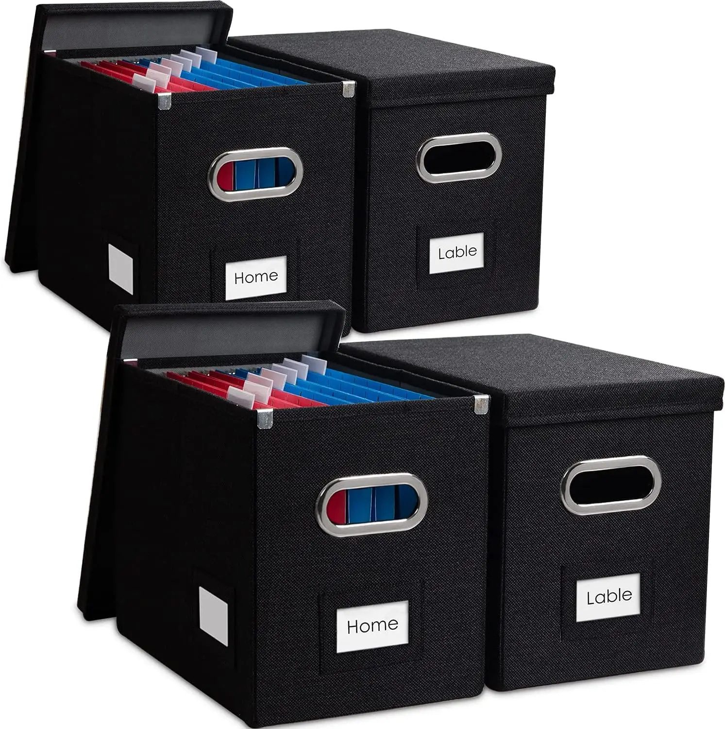 Black Inen File Box Collapsible Linen File Organizer Box Set of 4 with Lids, Black Letter ...