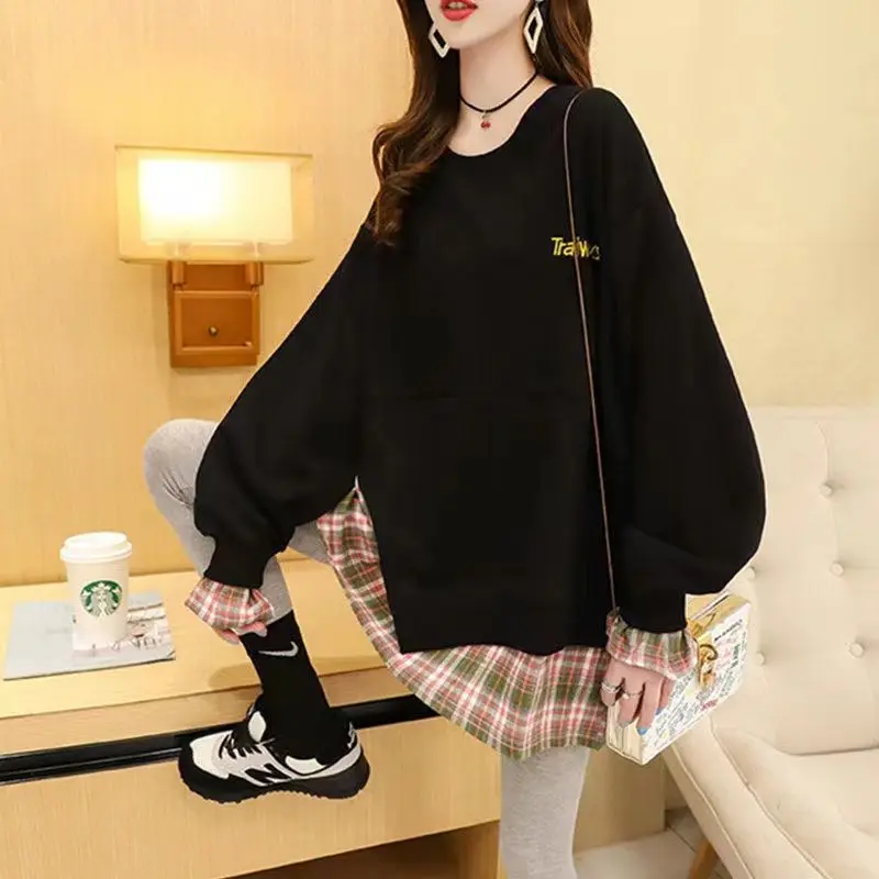 Female Casual Loose Fake Two Pieces Round Neck Sweatshirts Autumn Winter Korean Plaid Spliced Pullovers Tops Women's Clothing