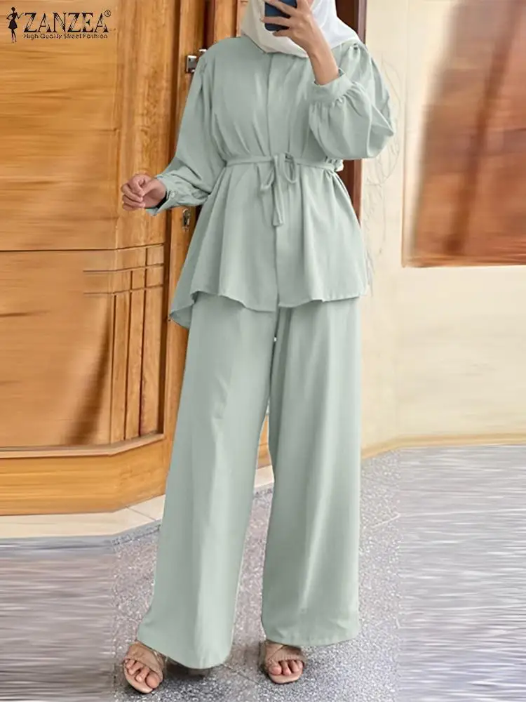 

2PCS Fashion Lapel Neck Long Sleeve Shirt Trousers Suits ZANZEA Women Autumn Muslim Sets Solid Eid Mubarek Ramadan Matching Sets