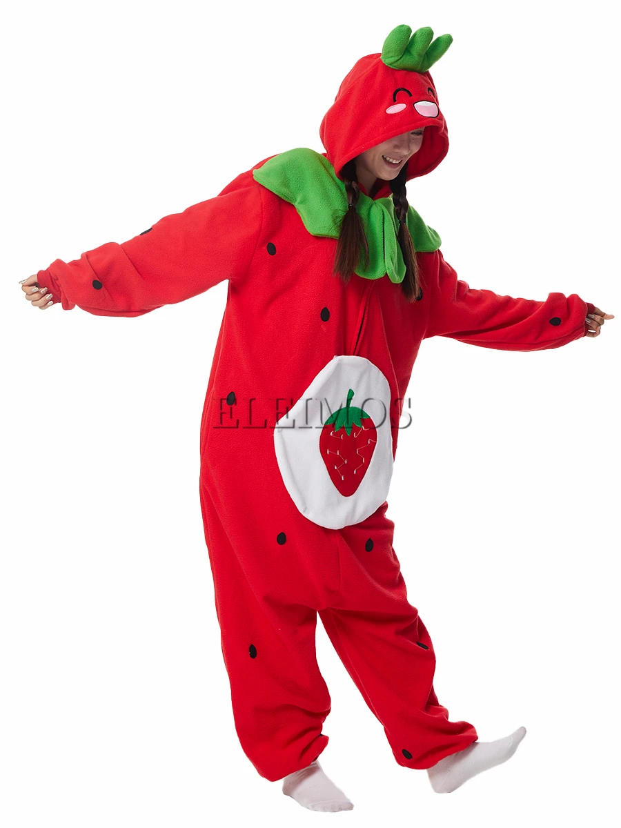 Kigurumi Onesie Strawberry Pajamas For Adult Women Men Cute Animal Fruit Pyjamas Homewear Halloween Cosplay Party Costume