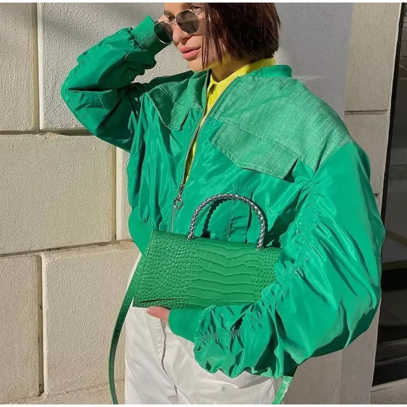 

Chic Loose O-Neck Long Sleeve Parkas Zipper Female Coat Green Women Bomber Jacket 2022 Autumn Winter Warm Pocket Lady Clothes
