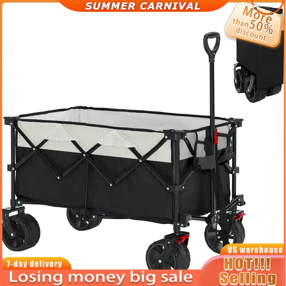 

Folding Wagon Cart with All Terrain Beach Wheels, Adjustable Handle, Drink Holders, Heavy Duty Folding Garden Cart Hand Cart