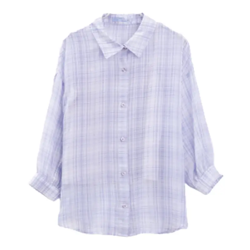 Korean Spring Autumn Womens Clothing Turn-down Collar Plaid Print Blouses Fashion Chiffon Three Quarter Sleeve Button Chic Shirt