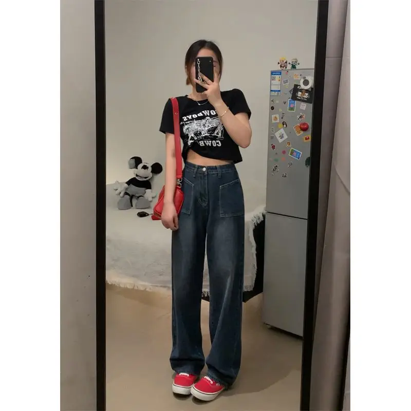 

Женские джинсы 2023, винтажные прямые мешковатые джинсовые брюки с высокой талией, модные широкие брюки Y2K, H428