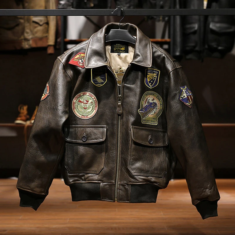 G1 Klassische Vintage Aviator Bomber Jacken Männer Plus Größe Stickerei Outdoor Dicke Echte Schaffell Leder Kleidung – Detail 20