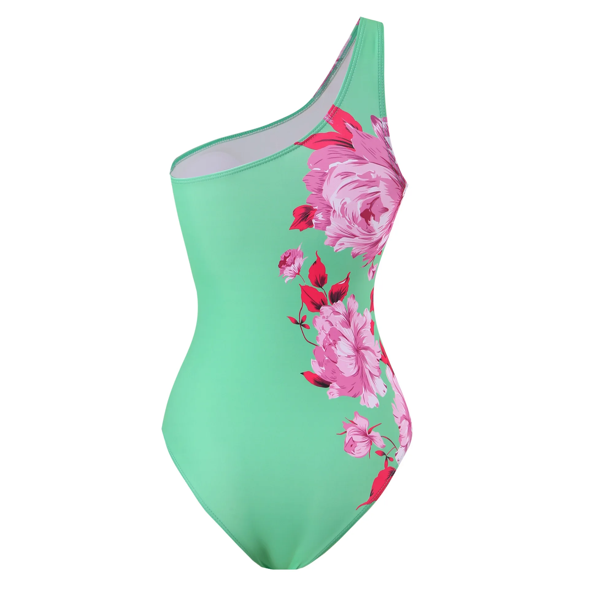 Flower Print Bikin One Shoulder Swimwear Set Beach Dress One Piece Swimsuit Green Floral Summer Beach Wear Cover Up