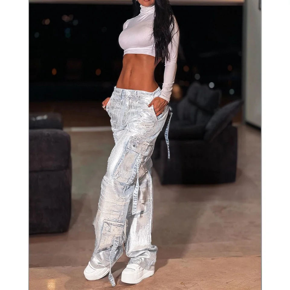 Y2K Streetwear Metallic High Waist Zipper Detail Patched Pants