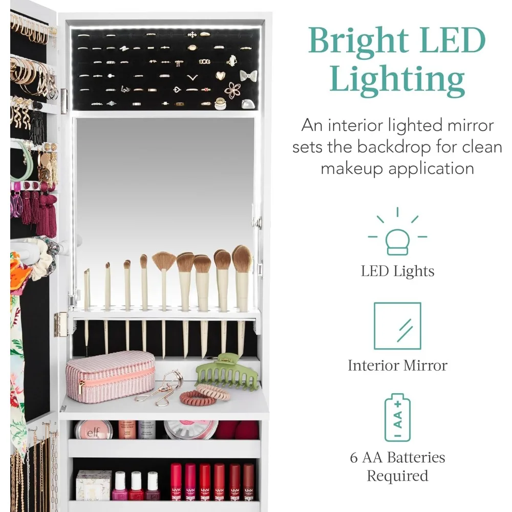 LED Mirror Jewelry Cabinet,  Armoire Organizer with Mirror, 2 Drawers, Lock, Cosmetic Tray, Shelves - White 3