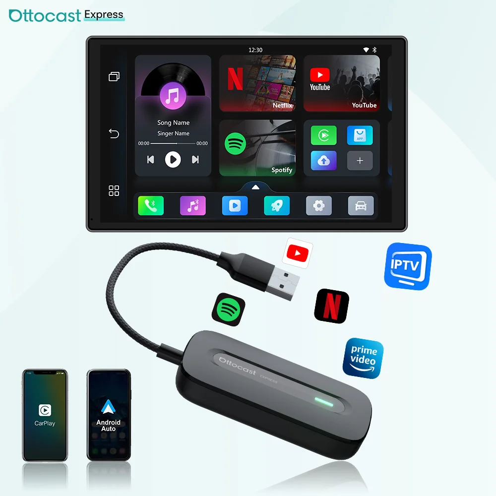 Adaptador Inalámbrico Ottocast Play2Video EXpress Ai Box para CarPlay y Android Auto con YouTube y Netflix Integrados, Conexión WiFi de 5 GHz, Sin Retraso