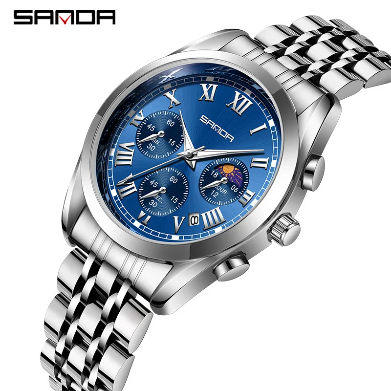 

SANDA Quartz Watch for Men Moon Phase Date Luminous Chronograph Wristwatches Male Clock Stainless Steel Hour With Gift Box