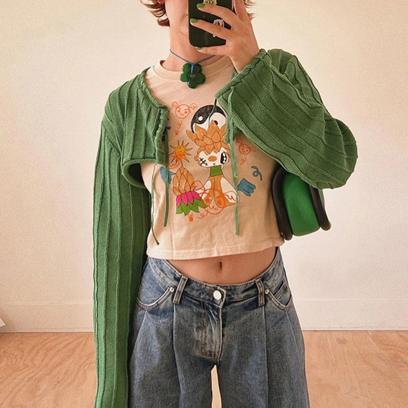 

Women Tassels Long Sleeve Crop Top Cardigan Harajuku Strappy Bandage Ribbed Knit Sweater Shrug Solid Color Slim Cover Up