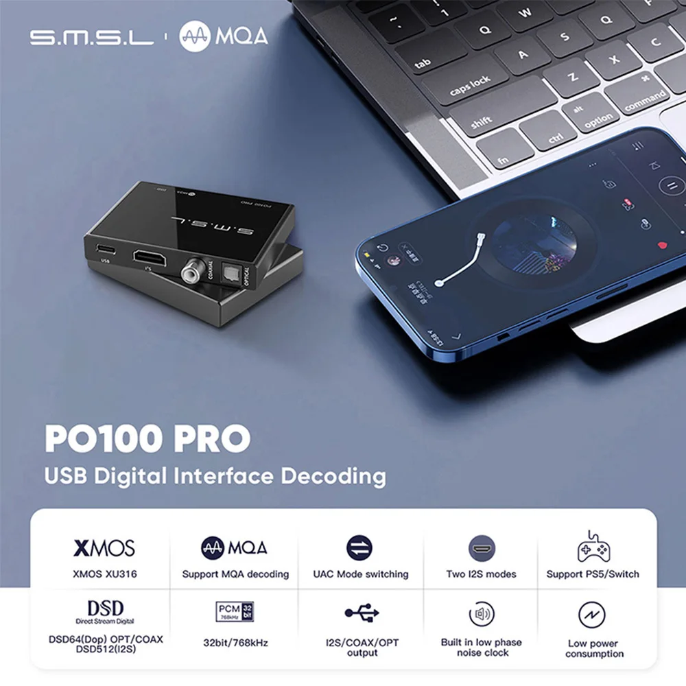 

SMSL PO100 PRO MQA Audio Sound USB C DAC Decoding XOMS XU316 DSD64 Optical Coaxial DSD512 Output 32bit 768Khz for PS5 Switch