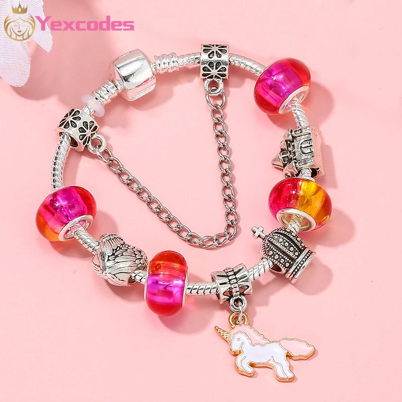 

Yexcodes Brand Friendship Jewelry Gifts Colorful Unicorn Charm Bracelet For Kids DIY Colorful Crystal and Crown Delicate Beads