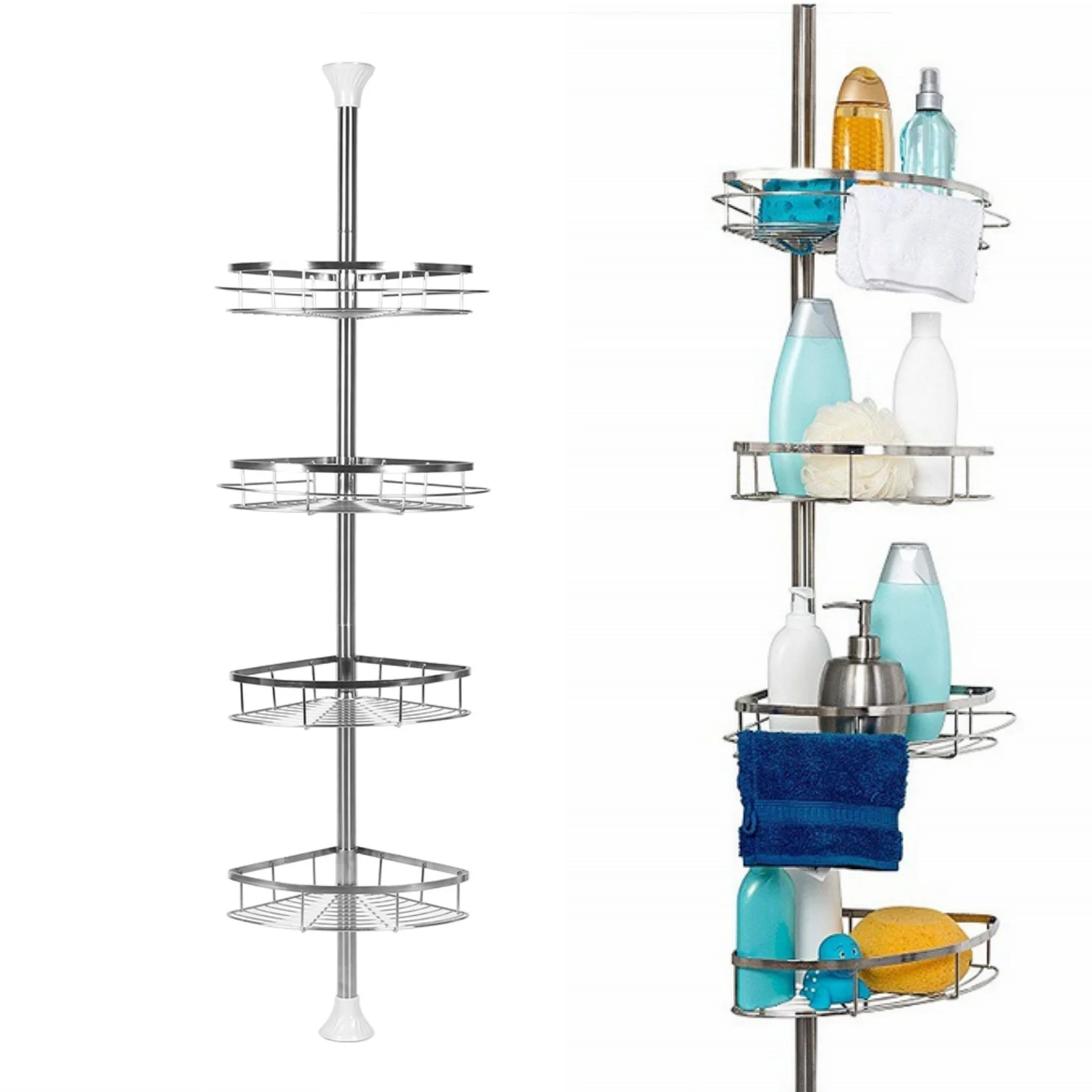 Telescopic Shower Shelf, Stainless Steel Corner Shelf with 4 Shower Baskets, Adjustable 110-280cm for Bathroom and Kitchen