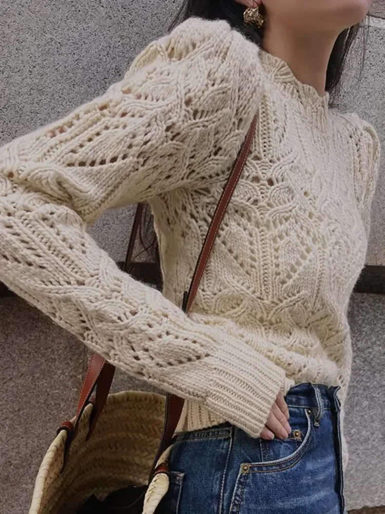 Ropa Mujer Sweater Women Puff Sleeve Knitted Hollow Out Crop Pullovers Autumn Winter Sweet Tops Vintage Chic O Neck Jumper