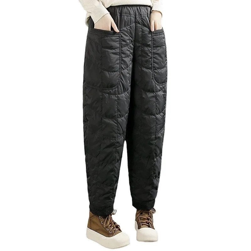 2023 New Lingge Down Cotton Pants for Women's Winter Art Retro Solid Color Casual Pants for Women