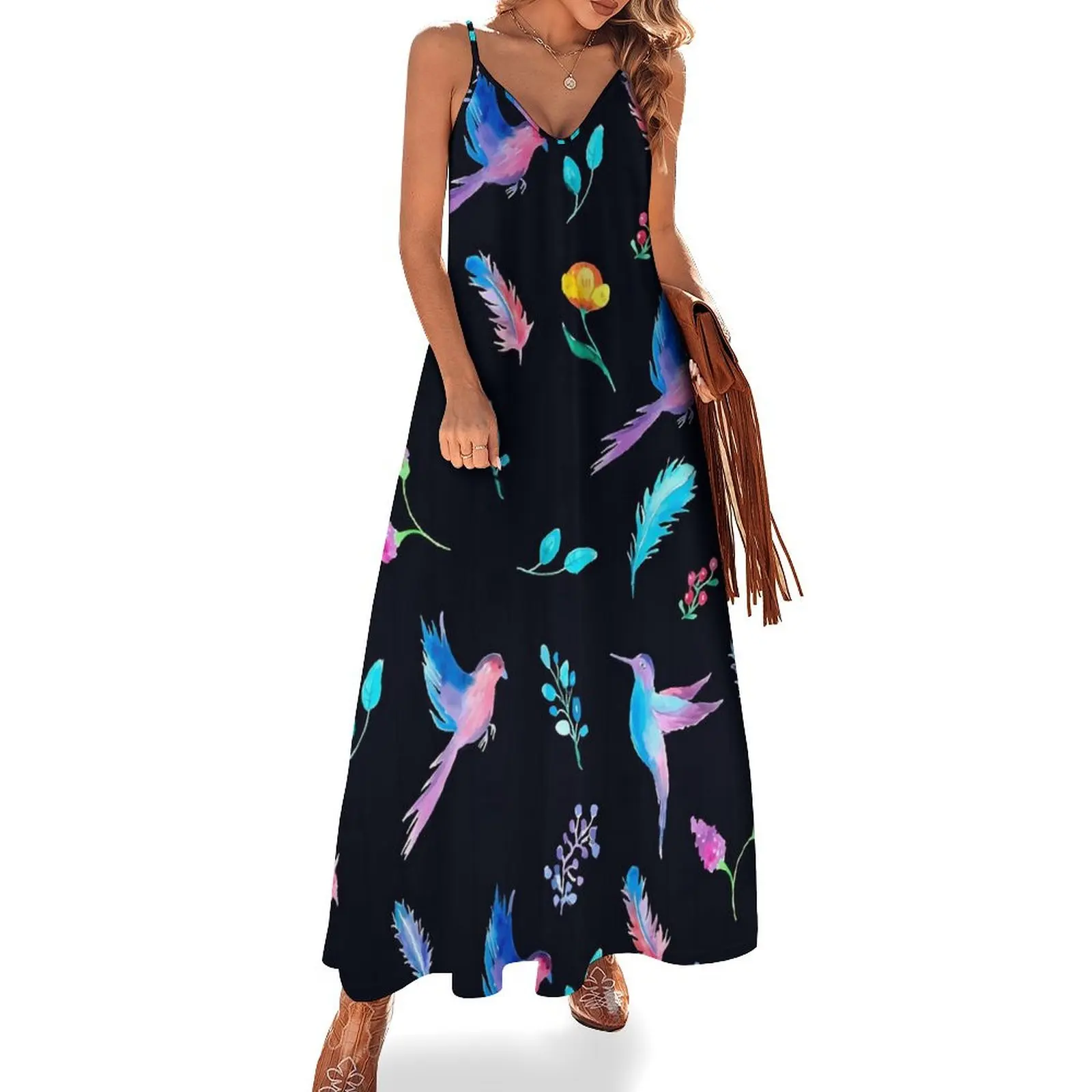 

Bird And Floral Dress Pretty Birdie Vintage Maxi Dress Aesthetic Boho Beach Long Dresses Woman Straps Custom Large Size 5XL