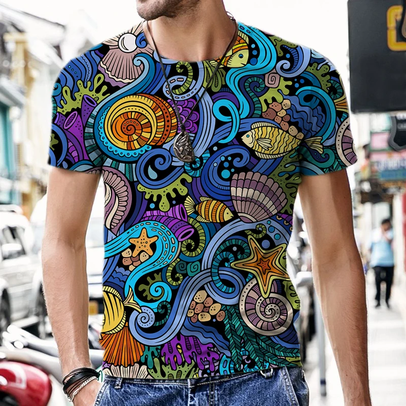 

Летняя брендовая футболка в стиле ретро с объемным рисунком морской жизни, уличная футболка в стиле панк-рок, Модный повседневный Свободный Топ в стиле Харадзюку с коротким рукавом