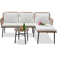 Outdoor L-Shaped Patio Chairs Set, Boho Woven Balcony Furniture Set of 3,Boho Woven Balcony Furniture Conversation Sofa 1