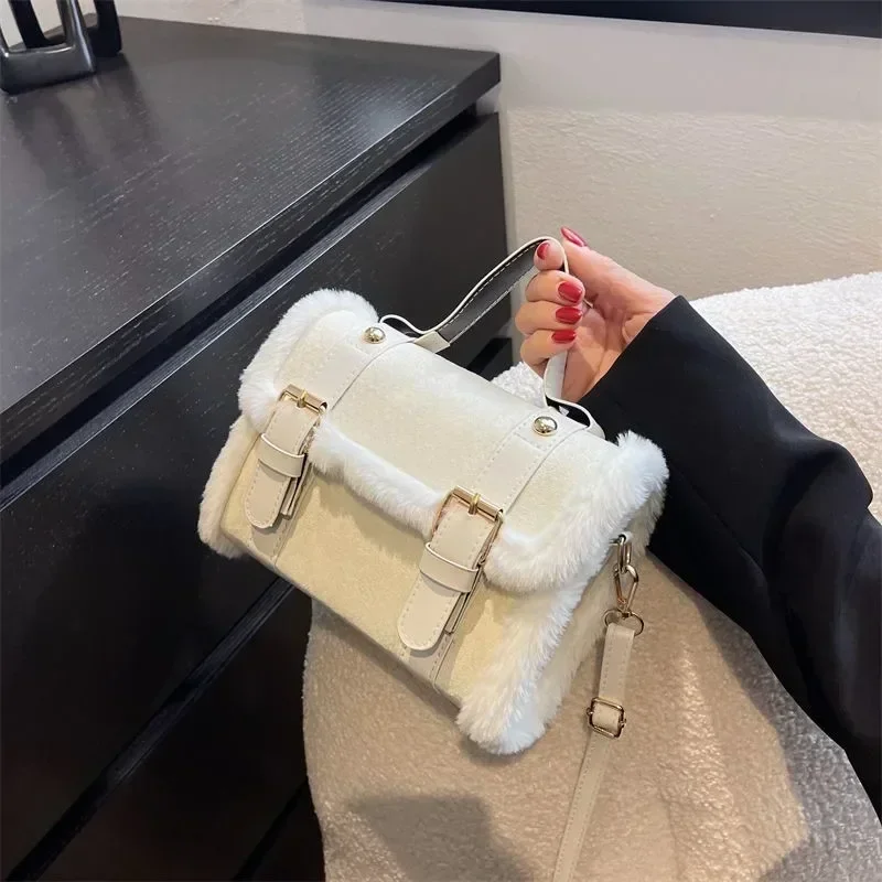 Women Handbags Lamb Wool Splicing Small Single Shoulder Crossbody Large Capacity Square