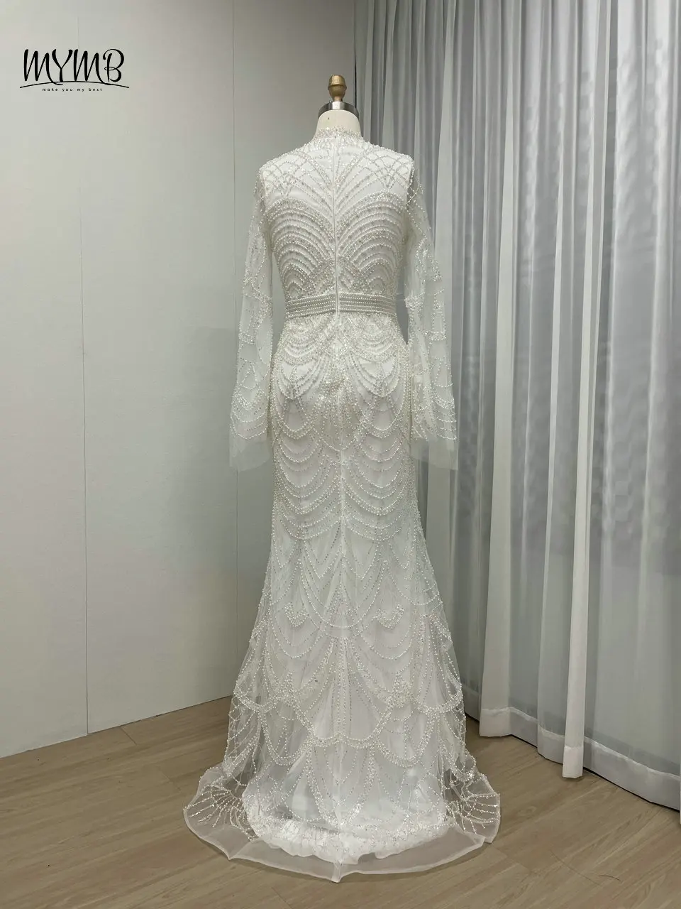 MYMB Weiß Muslimischen Elegante Meerjungfrau Mit Langen Ärmeln Arabisch Abendkleid für Frauen Party Luxus High Neck Perlen Formale Kleider MB40254 – Detail 12