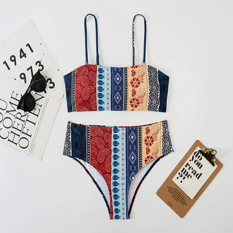 New High Waisted Women Bikini Swimsuit 2XL Push Up Bandeau Bathing Suit Two Piece Biquini Hot Sale Swimwear Retro Swim Suit
