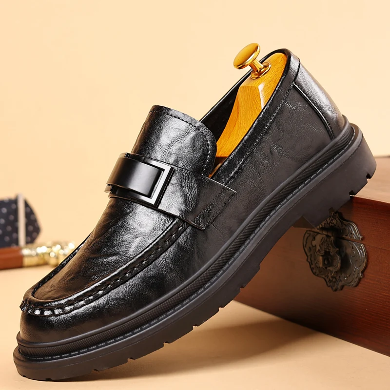 Men's Leather Shoes Fashion Business Thick Soles Slip-on Casual