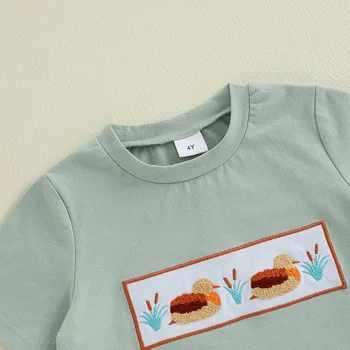 Children s Boys Summer Clothing Set with Round Neck Short Sleeve T-Shirts featuring Duck Print and Elastic Waist Shorts - 2 2