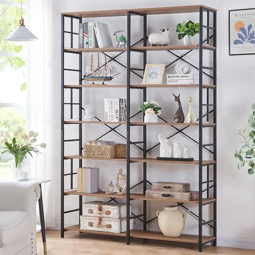 

HOMISSUE Large Bookshelf, Industrial Bookcases Double Wide 7-Tier Bookshelf,Tall Open Shelves,Wood Style an