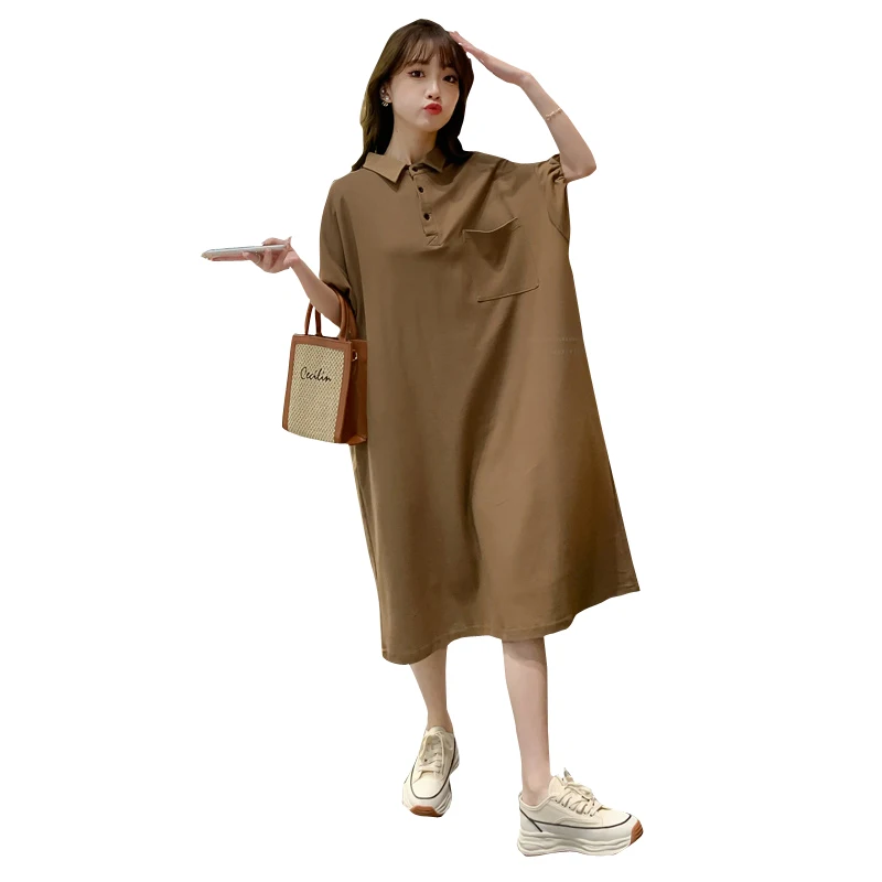 

Korean Style Summer Large Size Maternity Dress Solid Color Turn-Down Collar Pregnant Woman Casual Dress Loose Pregnancy Clothes