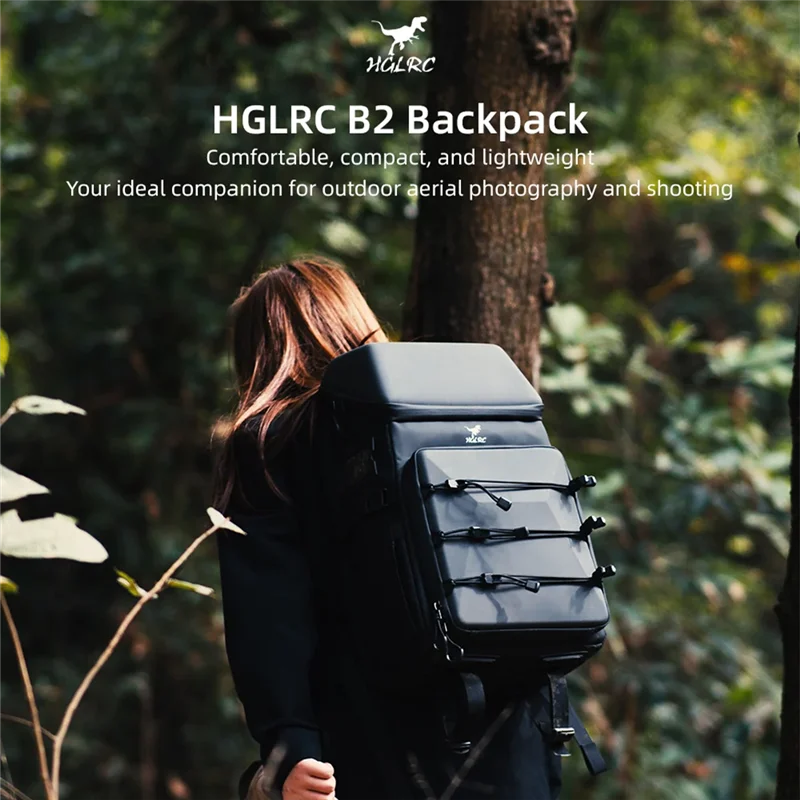 Sac à dos HGLRC B2 14.5L noir avec drone et caméra rangés à l'intérieur, protection renforcée pour le transport